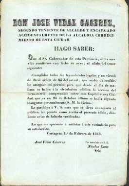  1863. Permiso para poner en circulación el tramo de ferrocarril entre Murcia y Cartagena.