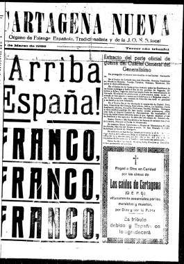 1939, Marzo, 30. Primera plana de Cartagena Nueva con el último parte oficial de guerra.