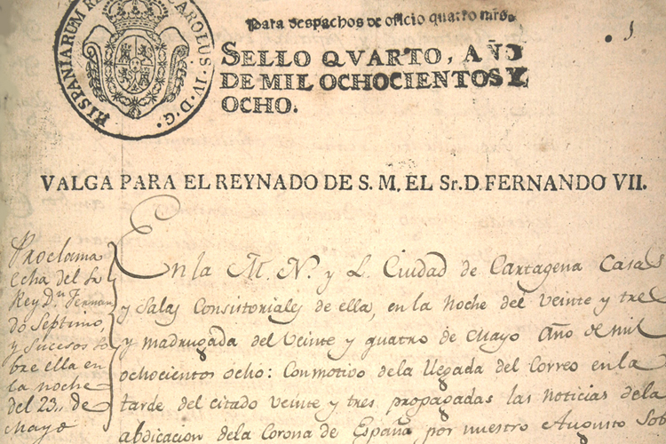 Libro de actas de la Junta suprema de Gobierno de Cartagena, con la relacin del motn popular provocado por la noticia de la abdicacin de Fernando VII (1808)