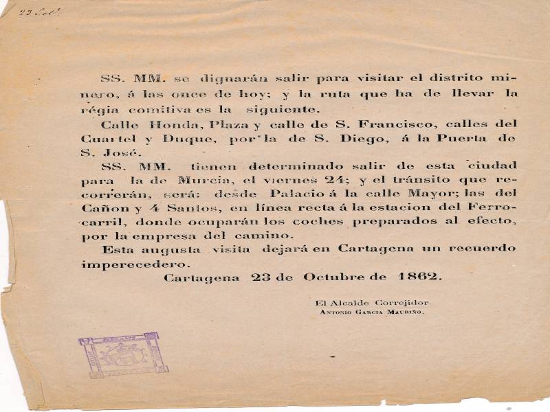 Documento del mes; Bando Municipal referente a la visita de la Reina Isabel II a Cartagena